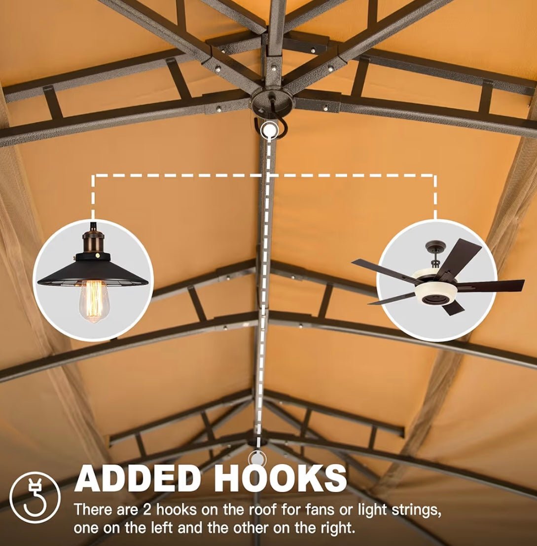 Gazebo 10x14FT, Outdoor Gazebo with Double Roofs, Privacy Curtains, Mosquito Nettings, Heavy Duty Metal Frame Party Tent Canopy for Patio, Backyard, Deck, Lawn, Brown