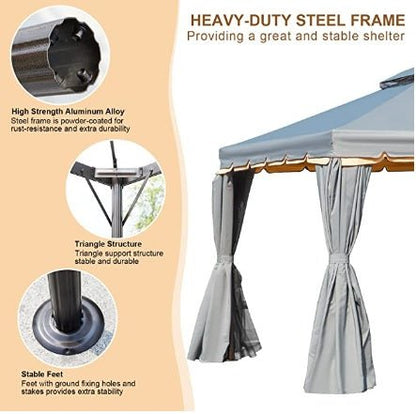 10' x 12' Outdoor Canopy Gazebo, Double Roof Patio Gazebo Steel Frame with Netting and Shade Curtains for Garden, Patio, Party Canopy, Grey