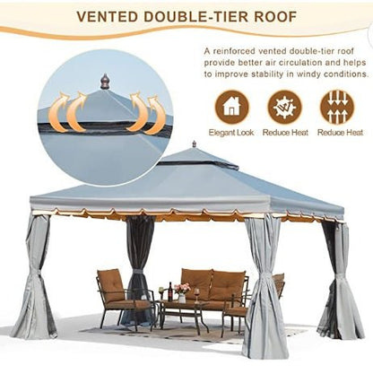10' x 12' Outdoor Canopy Gazebo, Double Roof Patio Gazebo Steel Frame with Netting and Shade Curtains for Garden, Patio, Party Canopy, Grey