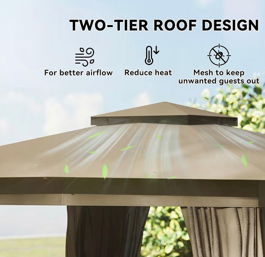 10' x 12' Outdoor Patio Gazebo, Soft Top Gazebo Canopy Shelter with Double Roof, Curtains, Netting, Steel Frame, UPF30+ Protection, Ceiling Hooks for Lawn, Backyard, Deck, Khaki