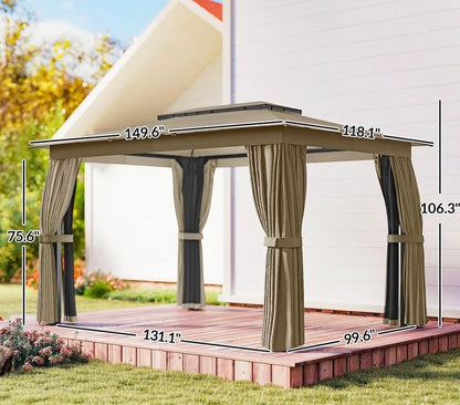 10' x 12' Outdoor Patio Gazebo, Soft Top Gazebo Canopy Shelter with Double Roof, Curtains, Netting, Steel Frame, UPF30+ Protection, Ceiling Hooks for Lawn, Backyard, Deck, Khaki