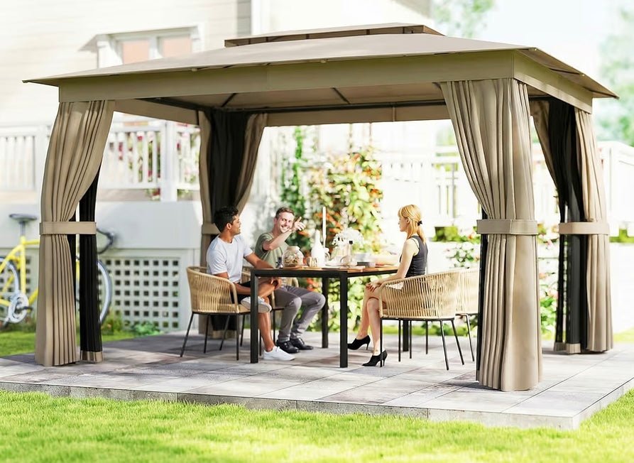 10' x 12' Outdoor Patio Gazebo, Soft Top Gazebo Canopy Shelter with Double Roof, Curtains, Netting, Steel Frame, UPF30+ Protection, Ceiling Hooks for Lawn, Backyard, Deck, Khaki