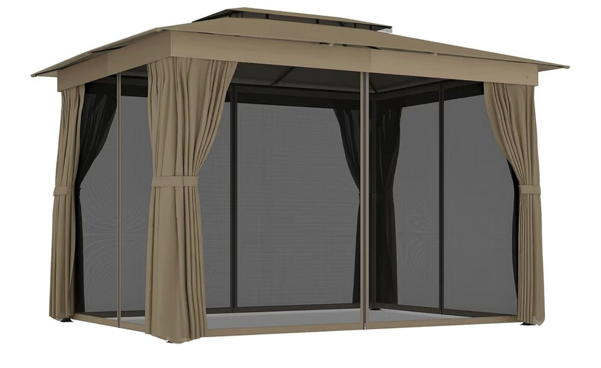 10' x 12' Outdoor Patio Gazebo, Soft Top Gazebo Canopy Shelter with Double Roof, Curtains, Netting, Steel Frame, UPF30+ Protection, Ceiling Hooks for Lawn, Backyard, Deck, Khaki