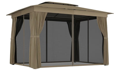 10' x 12' Outdoor Patio Gazebo, Soft Top Gazebo Canopy Shelter with Double Roof, Curtains, Netting, Steel Frame, UPF30+ Protection, Ceiling Hooks for Lawn, Backyard, Deck, Khaki