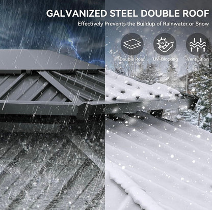 10x12ft Gazebo Hardtop Double Roof Canopy w/Netting and Curtains, Outdoor Gazebo 2-Tier Galvanized Iron Aluminum Frame Garden Tent for Patio, Backyard, Deck and Lawns, Brown