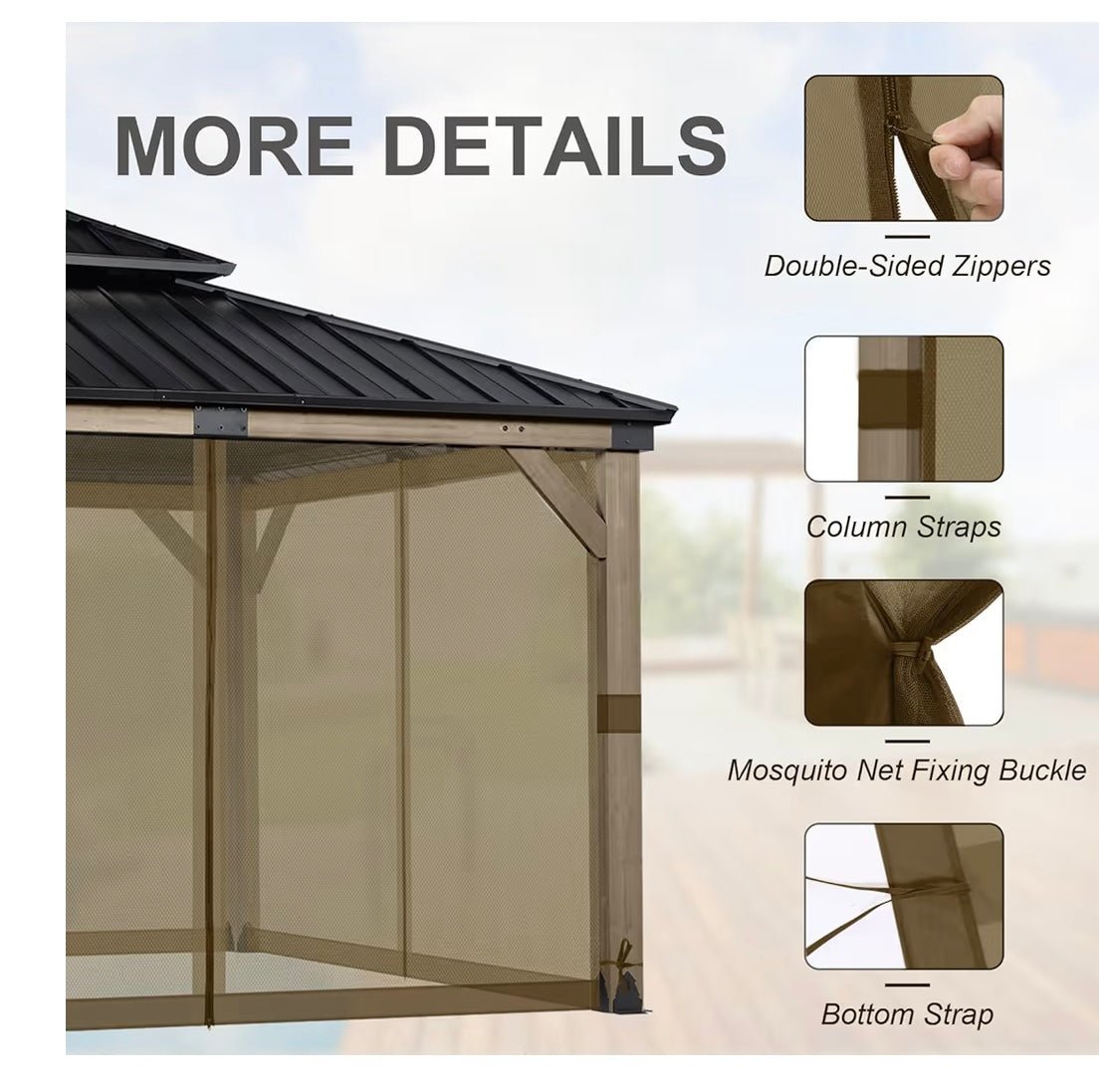 12' x 12' Gazebo Universal Mosquito Netting Screen Replacement, 4-Panel Mesh Screen Walls with Double Zippers for Outdoor Patio, Khaki (Mosquito Net Only)