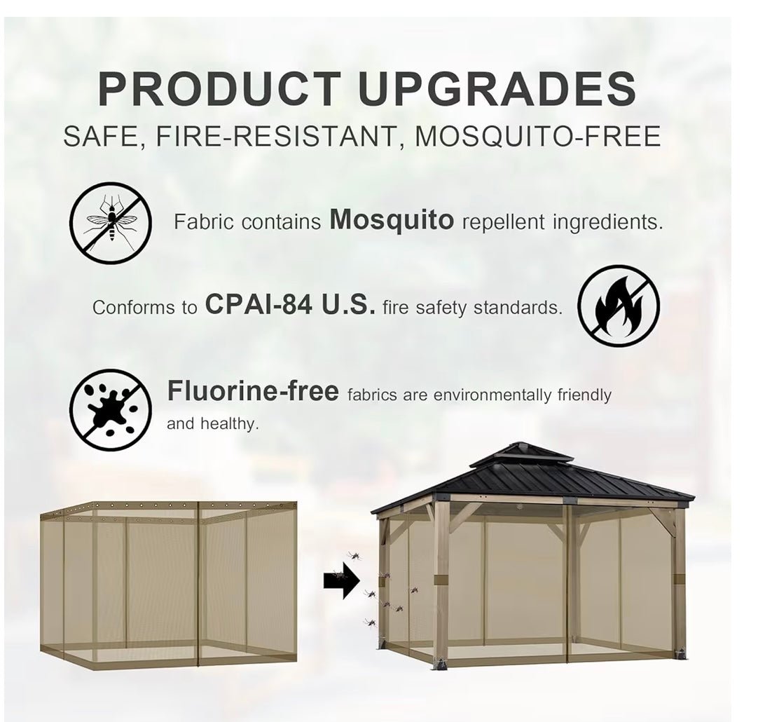 12' x 12' Gazebo Universal Mosquito Netting Screen Replacement, 4-Panel Mesh Screen Walls with Double Zippers for Outdoor Patio, Khaki (Mosquito Net Only)