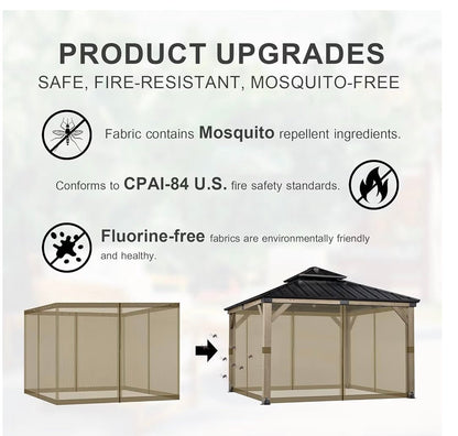 12' x 12' Gazebo Universal Mosquito Netting Screen Replacement, 4-Panel Mesh Screen Walls with Double Zippers for Outdoor Patio, Khaki (Mosquito Net Only)