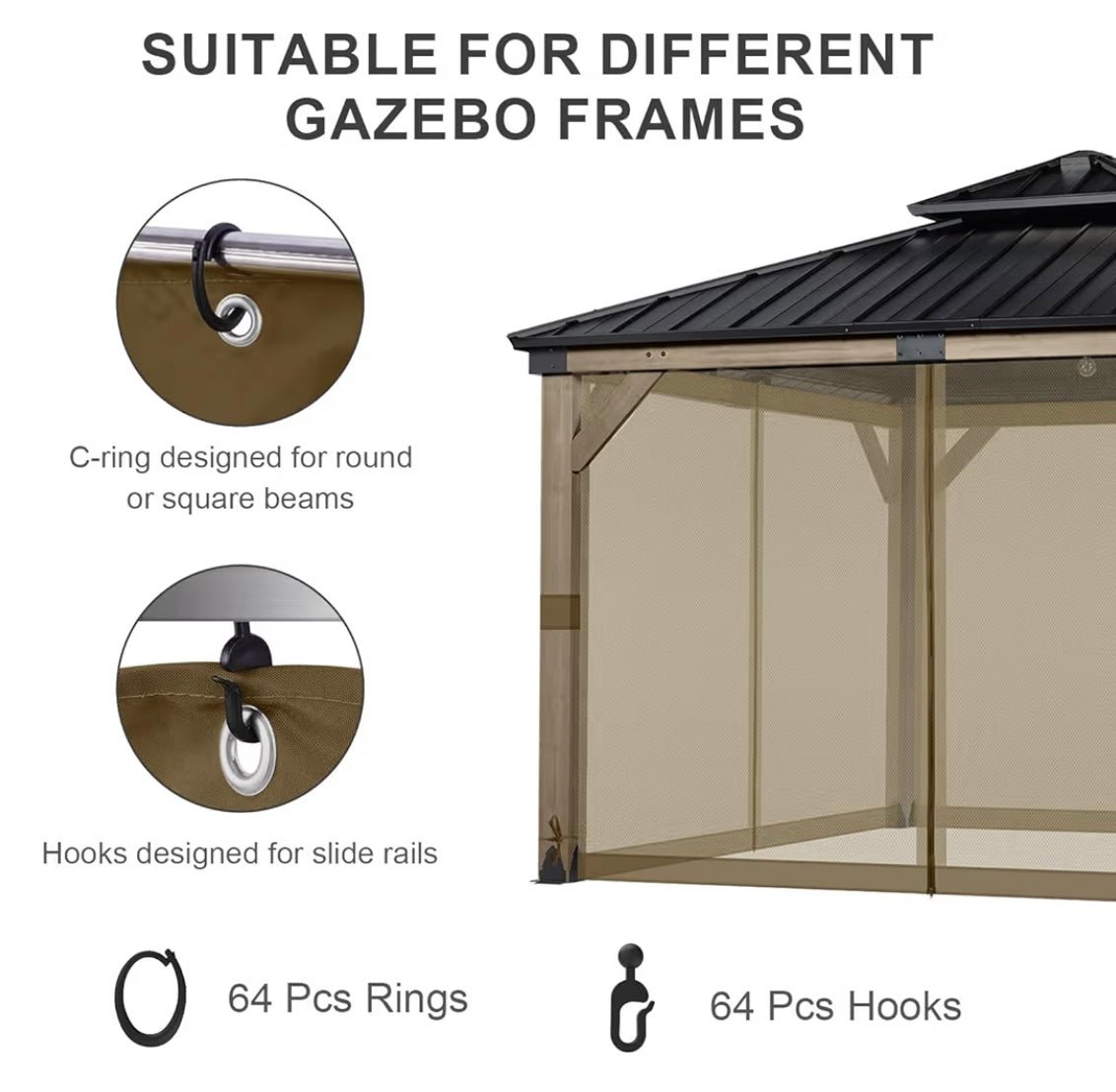 12' x 12' Gazebo Universal Mosquito Netting Screen Replacement, 4-Panel Mesh Screen Walls with Double Zippers for Outdoor Patio, Khaki (Mosquito Net Only)