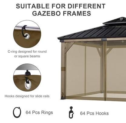 12' x 12' Gazebo Universal Mosquito Netting Screen Replacement, 4-Panel Mesh Screen Walls with Double Zippers for Outdoor Patio, Khaki (Mosquito Net Only)