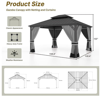 12' x 14' Gray Hardtop Gazebo with Curtains and Netting, Double Roof Iron Metal Pergola for Patio, Garden, Law