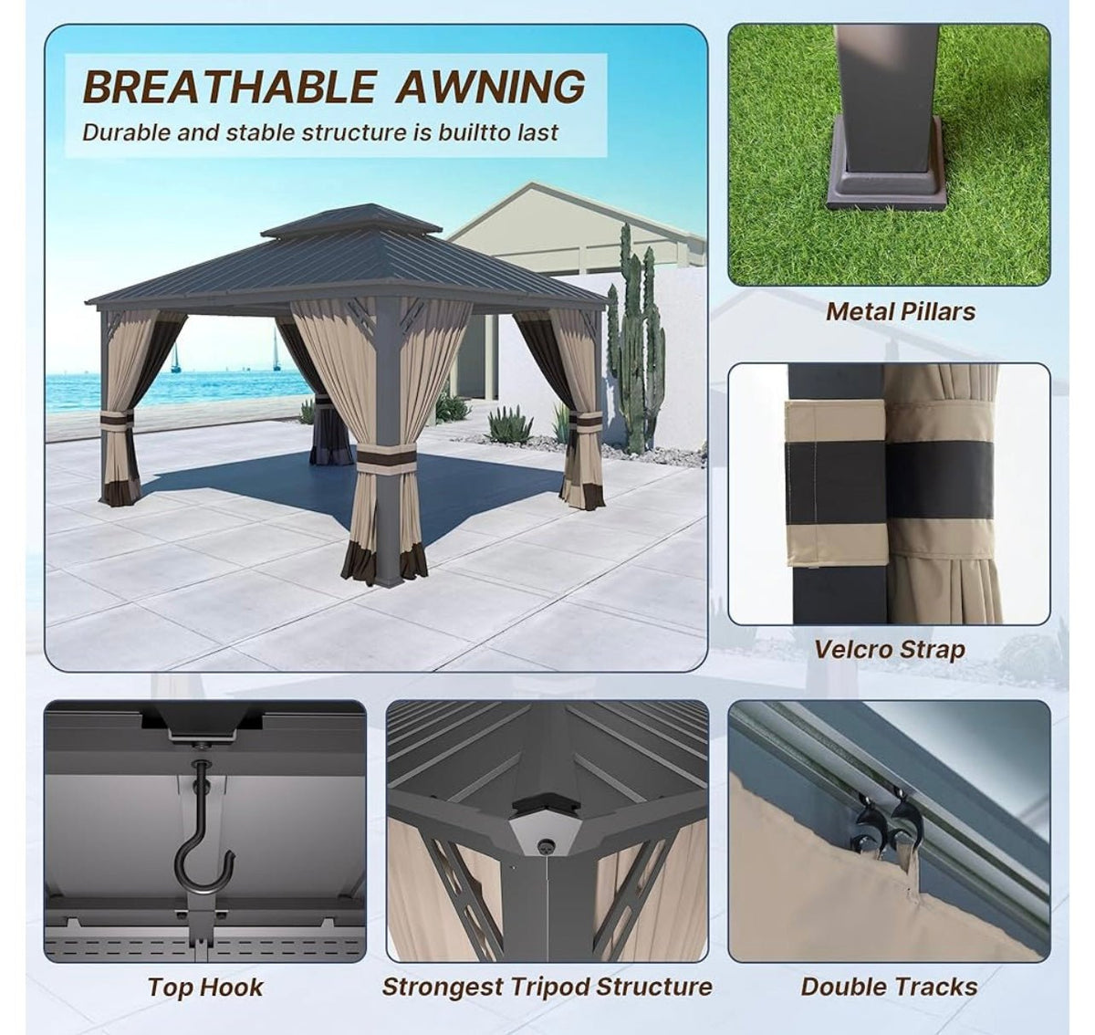 12' x 14' Khaki Hardtop Gazebo with Curtains and Netting, Double Roof Iron Metal Pergola for Patio, Garden, Law