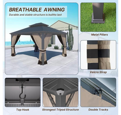 12' x 14' Khaki Hardtop Gazebo with Curtains and Netting, Double Roof Iron Metal Pergola for Patio, Garden, Law