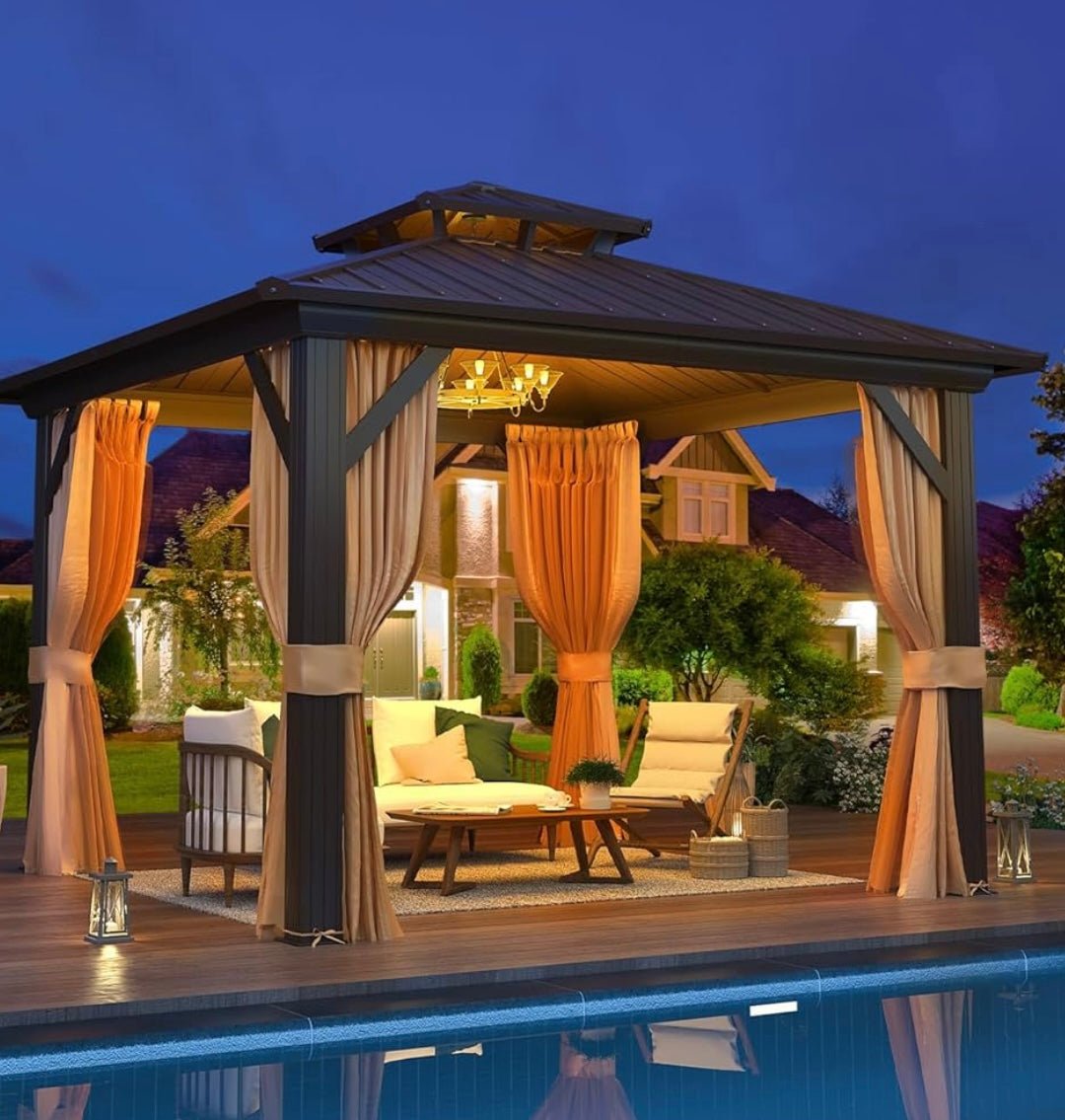 12’x14’ Hardtop Gazebo with Aluminum Frame and Galvanized Steel Double Roof
Gazebos, Permanent, Outdoor, Metal Pavilion, with Curtain and Netting, for Patio, Lawn, Deck