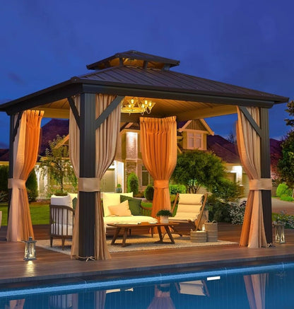 12’x14’ Hardtop Gazebo with Aluminum Frame and Galvanized Steel Double Roof
Gazebos, Permanent, Outdoor, Metal Pavilion, with Curtain and Netting, for Patio, Lawn, Deck