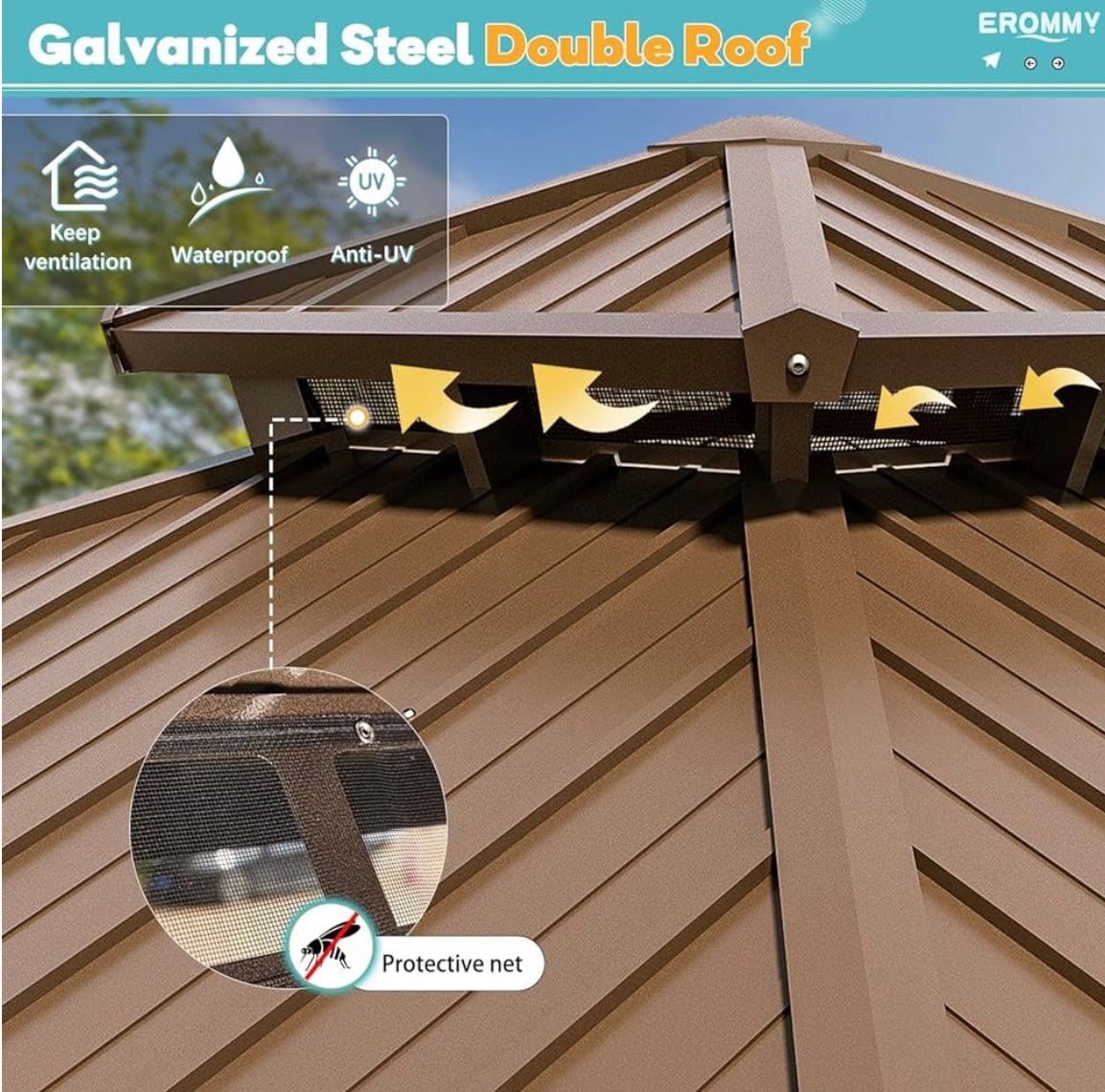 12’x14’ Hardtop Gazebo with Aluminum Frame and Galvanized Steel Double Roof
Gazebos, Permanent, Outdoor, Metal Pavilion, with Curtain and Netting, for Patio, Lawn, Deck