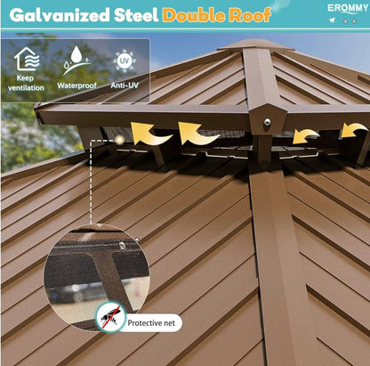 12’x14’ Hardtop Gazebo with Aluminum Frame and Galvanized Steel Double Roof
Gazebos, Permanent, Outdoor, Metal Pavilion, with Curtain and Netting, for Patio, Lawn, Deck
