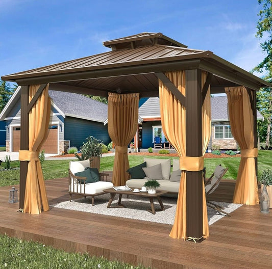 12’x14’ Hardtop Gazebo with Aluminum Frame and Galvanized Steel Double Roof
Gazebos, Permanent, Outdoor, Metal Pavilion, with Curtain and Netting, for Patio, Lawn, Deck