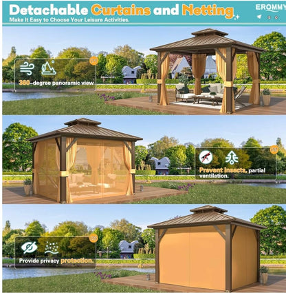10' x 10' Hardtop Gazebo with Aluminum Frame and Galvanized Steel Double Roof
Gazebos, Permanent, Outdoor, Metal Pavilion, with Curtain and Netting, for Patio, Lawn, Deck
