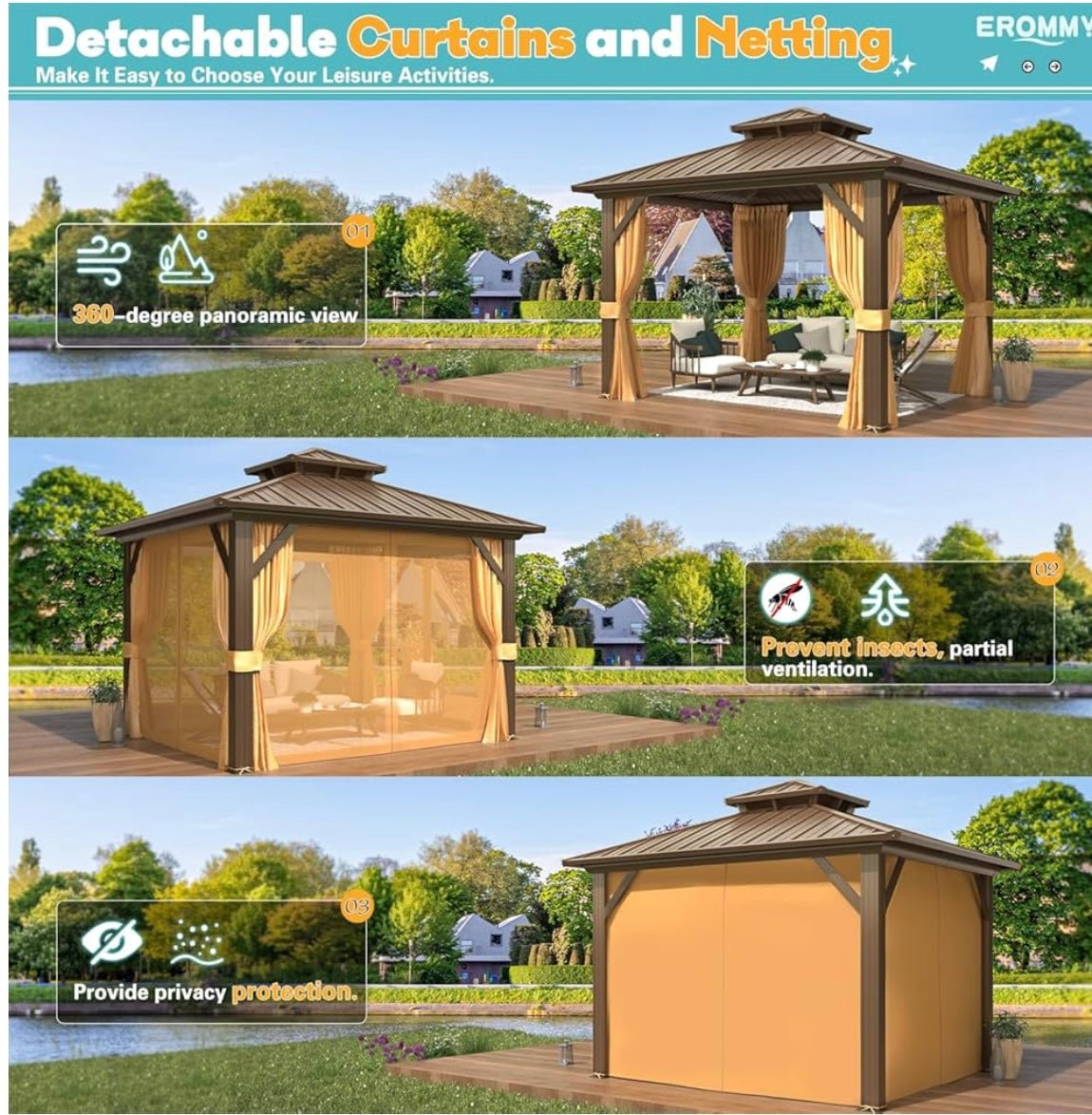 12’x14’ Hardtop Gazebo with Aluminum Frame and Galvanized Steel Double Roof
Gazebos, Permanent, Outdoor, Metal Pavilion, with Curtain and Netting, for Patio, Lawn, Deck