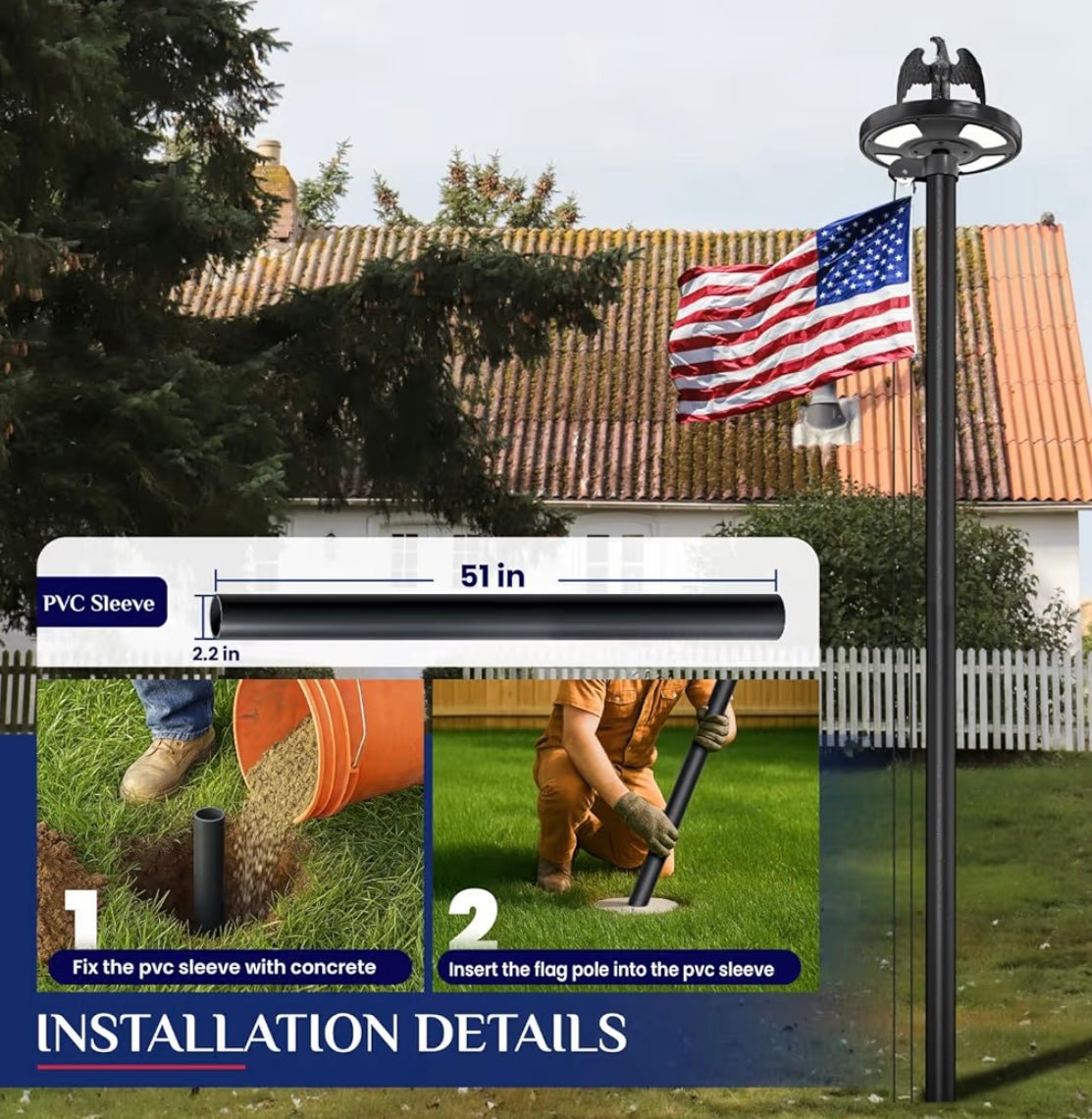 20 FT Heavy Duty Flag Pole with 144 LED Solar Light,12 Gauge Extra Thick Aluminum Flagpole for Outside House Powered and Flag Outdoor,Inground Flag Pole Kit for Residential Commercia(20FT with Light)