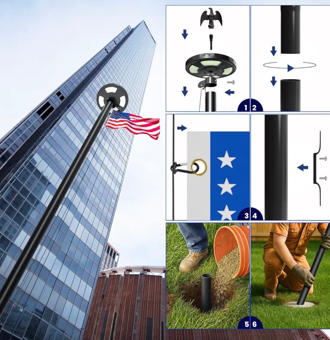 20 FT Heavy Duty Flag Pole with 144 LED Solar Light,12 Gauge Extra Thick Aluminum Flagpole for Outside House Powered and Flag Outdoor,Inground Flag Pole Kit for Residential Commercia(20FT with Light)
