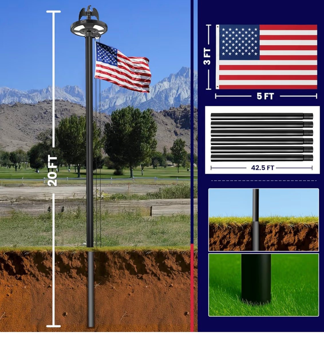 20 FT Heavy Duty Flag Pole with 144 LED Solar Light,12 Gauge Extra Thick Aluminum Flagpole for Outside House Powered and Flag Outdoor,Inground Flag Pole Kit for Residential Commercia(20FT with Light)