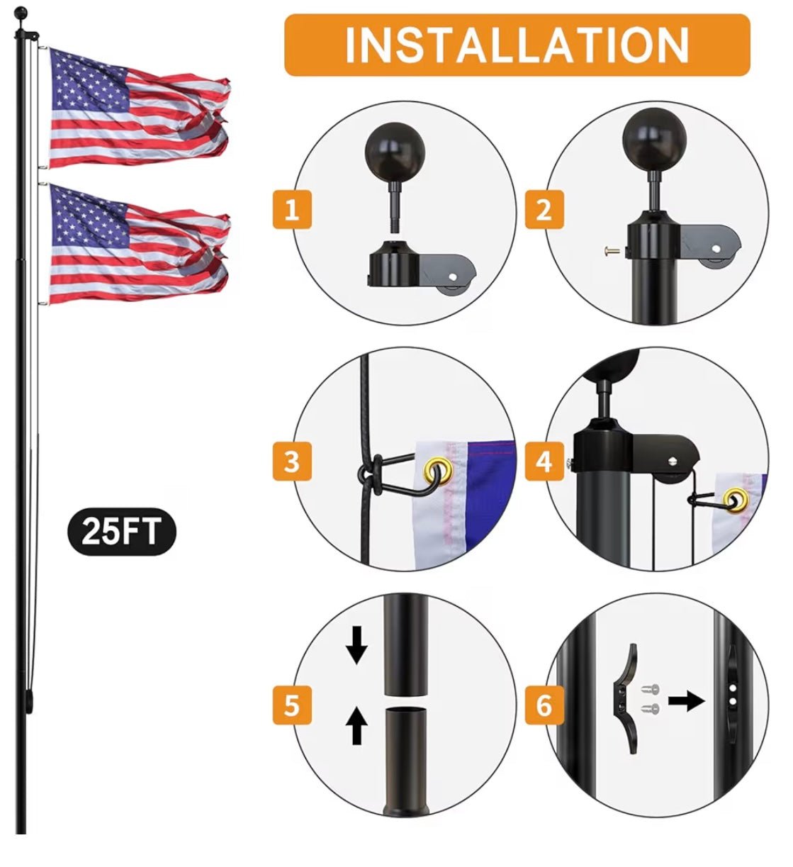 20FT Heavy Duty Flagpole Kit for Yard,14 Gauge Flag Pole for Outside In Ground, Extra Thick Outdoor Flag Poles with 3x5 American Flag for Residential or Commercial(20FT, Black)