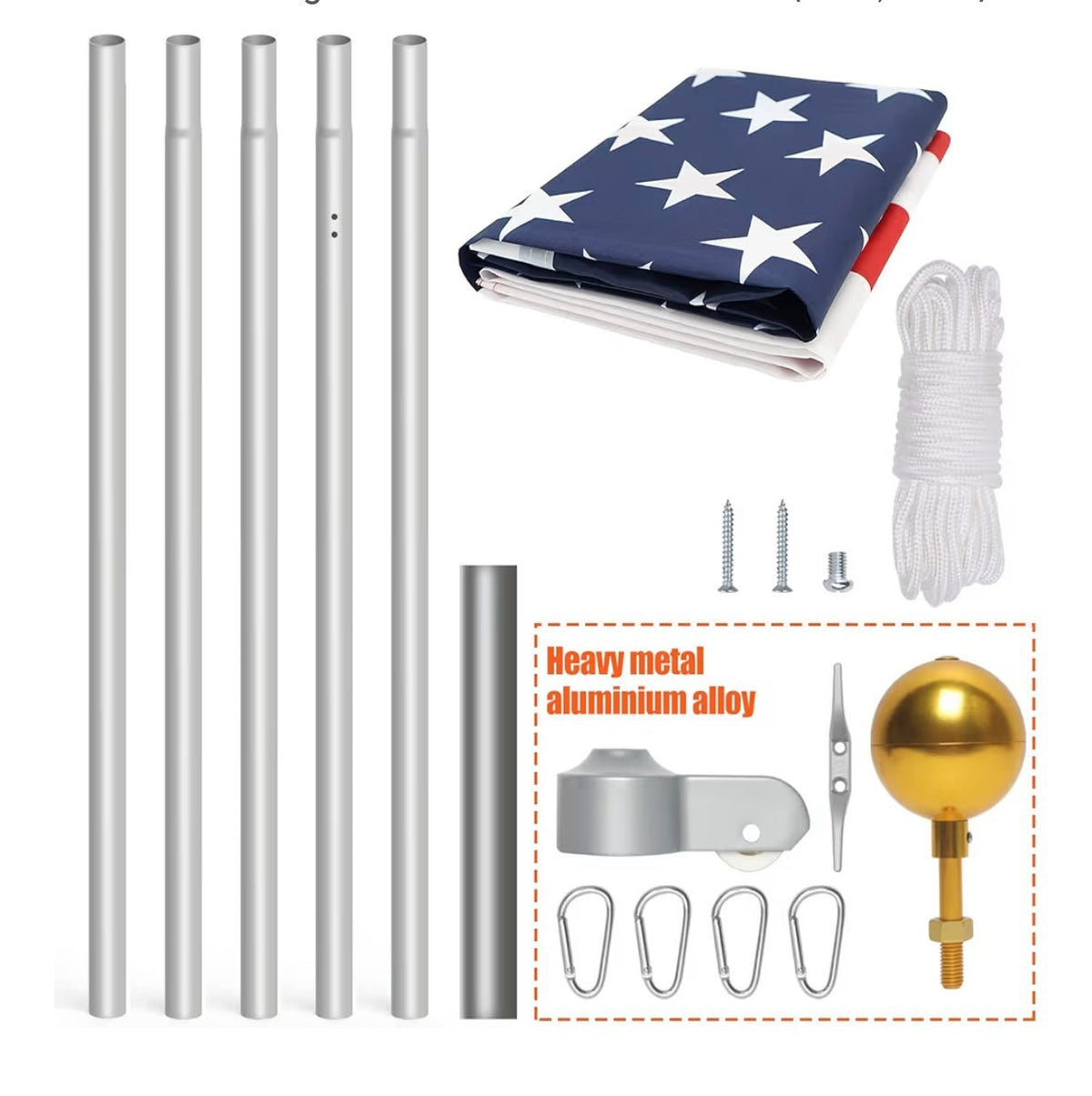 20FT Heavy Duty Flagpole Kit for Yard,14 Gauge Flag Pole for Outside In Ground, Extra Thick Outdoor Flag Poles with 3x5 American Flag for Residential or Commercial(20FT, Silver