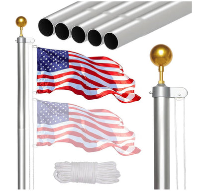 20FT Heavy Duty Flagpole Kit for Yard,14 Gauge Flag Pole for Outside In Ground, Extra Thick Outdoor Flag Poles with 3x5 American Flag for Residential or Commercial(20FT, Silver