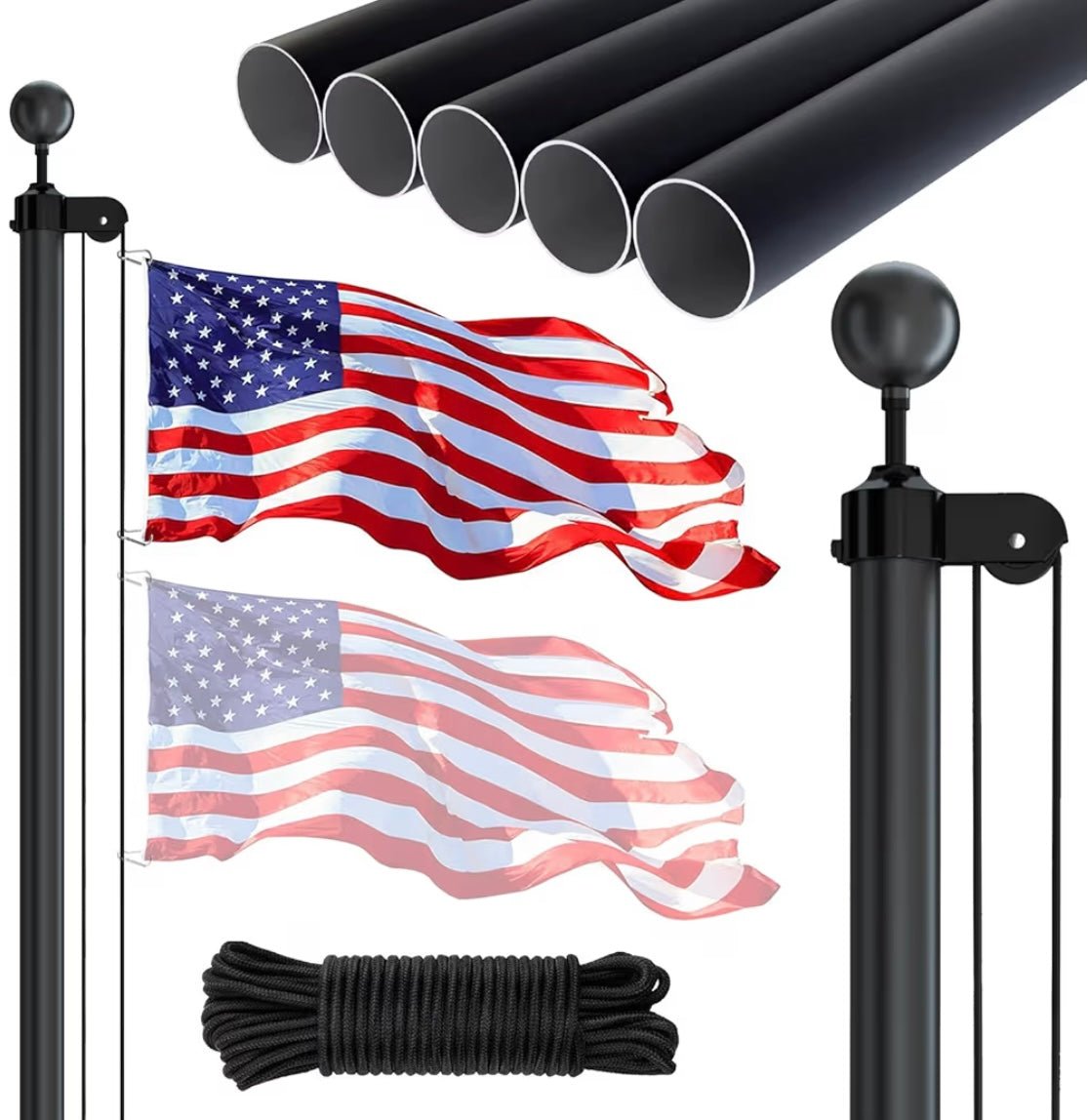 20FT Heavy Duty Flagpole Kit for Yard,14 Gauge Flag Pole for Outside In Ground, Extra Thick Outdoor Flag Poles with 3x5 American Flag for Residential or Commercial(20FT, Black)
