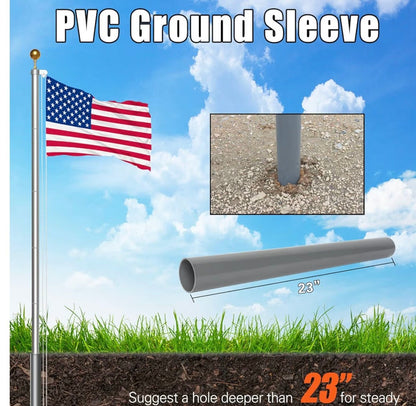 20FT Heavy Duty Flagpole Kit for Yard,14 Gauge Flag Pole for Outside In Ground, Extra Thick Outdoor Flag Poles with 3x5 American Flag for Residential or Commercial(20FT, Silver