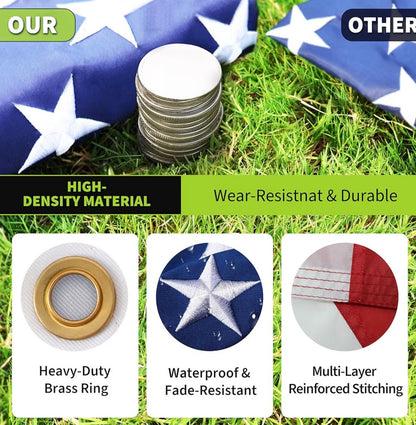 25FT 11 Gauge Heavy Duty In-Ground Flag Pole for Outside House, with 128 Large LED Solar Light & Embroidered Flag, 55 KSI / 110 HBW Hard 110 Mile Winds Aluminum, for Residential, Yard & Commercial Use