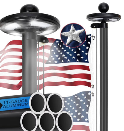 25FT 11 Gauge Heavy Duty In-Ground Flag Pole for Outside House, with 128 Large LED Solar Light & Embroidered Flag, 55 KSI / 110 HBW Hard 110 Mile Winds Aluminum, for Residential, Yard & Commercial Use