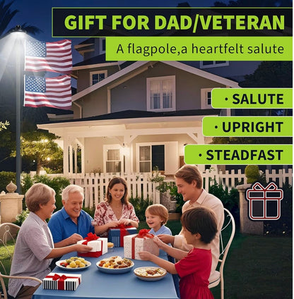 25FT 11 Gauge Heavy Duty In-Ground Flag Pole for Outside House, with 128 Large LED Solar Light & Embroidered Flag, 55 KSI / 110 HBW Hard 110 Mile Winds Aluminum, for Residential, Yard & Commercial Use