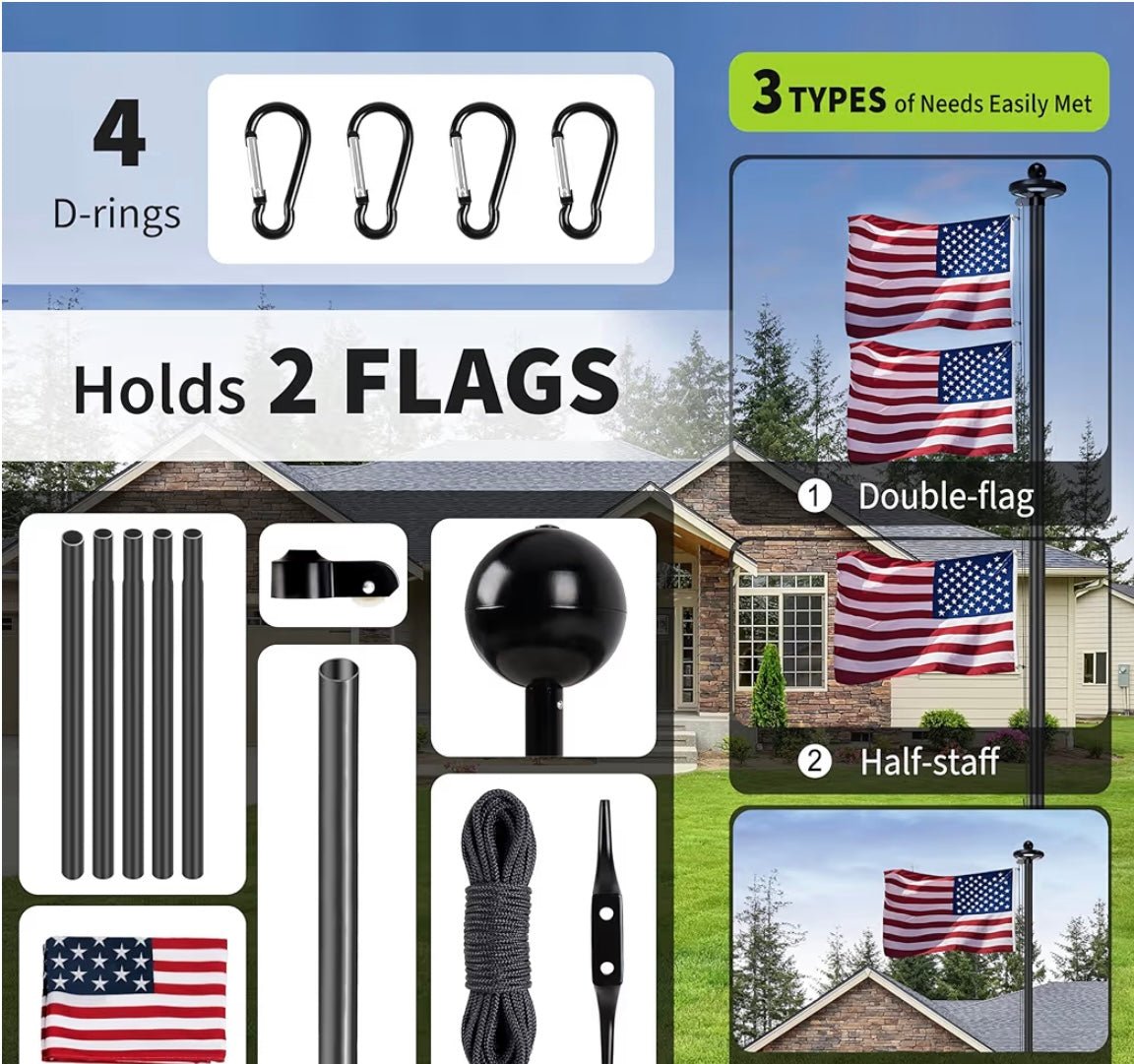 25FT 11 Gauge Heavy Duty In-Ground Flag Pole for Outside House, with 128 Large LED Solar Light & Embroidered Flag, 55 KSI / 110 HBW Hard 110 Mile Winds Aluminum, for Residential, Yard & Commercial Use