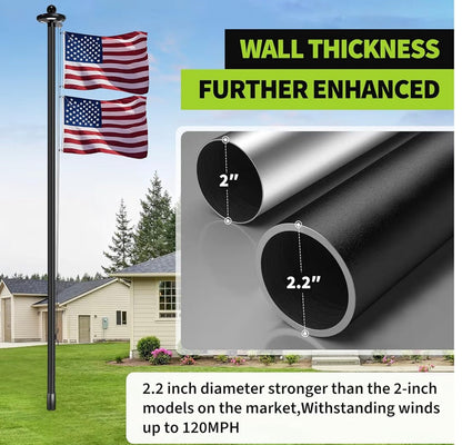 25FT 11 Gauge Heavy Duty In-Ground Flag Pole for Outside House, with 128 Large LED Solar Light & Embroidered Flag, 55 KSI / 110 HBW Hard 110 Mile Winds Aluminum, for Residential, Yard & Commercial Use