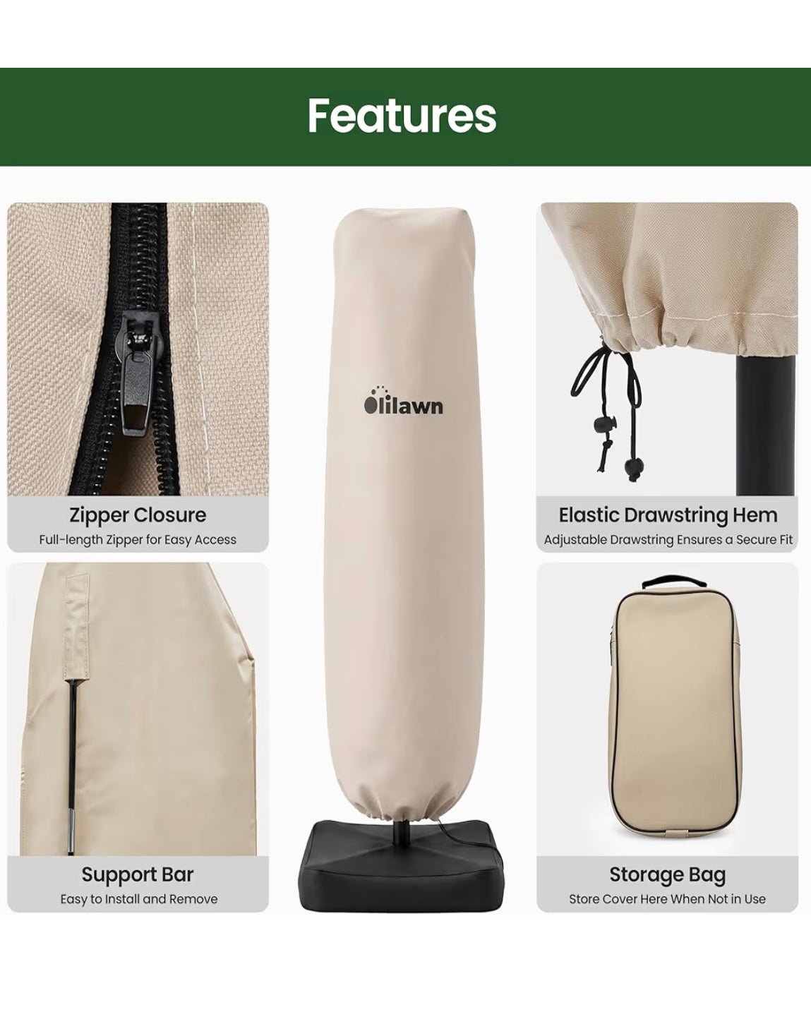 600D Waterproof Umbrella Cover for 7-12 ft Cantilever and Straight Pole Umbrellas, UV Resistant Fade Resistant Outdoor Parasol Cover for Patio, Includes Rod and Storage Bag, Beige