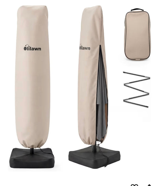 600D Waterproof Umbrella Cover for 7-12 ft Cantilever and Straight Pole Umbrellas, UV Resistant Fade Resistant Outdoor Parasol Cover for Patio, Includes Rod and Storage Bag, Beige