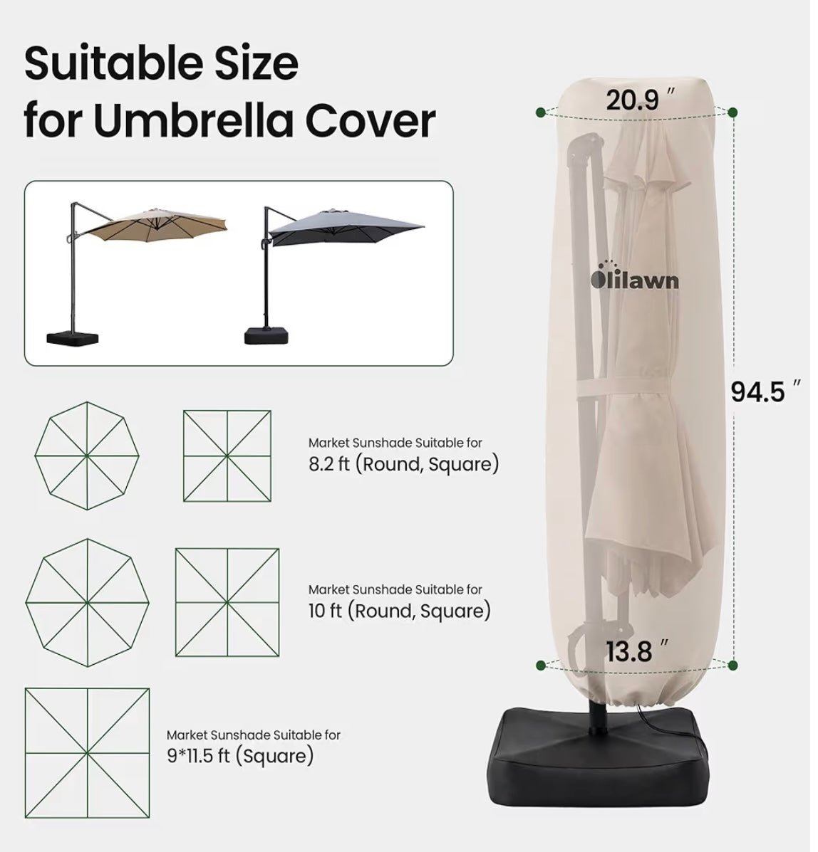 600D Waterproof Umbrella Cover for 7-12 ft Cantilever and Straight Pole Umbrellas, UV Resistant Fade Resistant Outdoor Parasol Cover for Patio, Includes Rod and Storage Bag, Beige