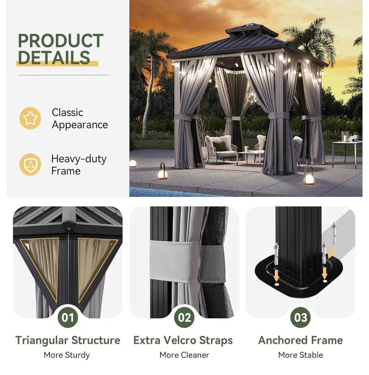 8'x8' Hardtop Gazebo, Aluminum Frame Canopy with Double Galvanized Steel Roof, Outdoor Metal Pavilion with Netting, Curtains for Backyard, Patio and Deck