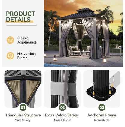 8'x8' Hardtop Gazebo, Aluminum Frame Canopy with Double Galvanized Steel Roof, Outdoor Metal Pavilion with Netting, Curtains for Backyard, Patio and Deck