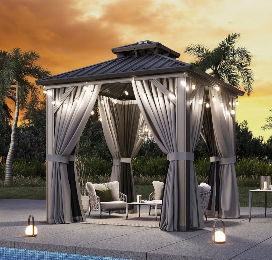 8'x8' Hardtop Gazebo, Aluminum Frame Canopy with Double Galvanized Steel Roof, Outdoor Metal Pavilion with Netting, Curtains for Backyard, Patio and Deck