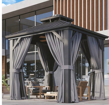 8'x8' Hardtop Gazebo, Aluminum Frame Canopy with Double Galvanized Steel Roof, Outdoor Metal Pavilion with Netting, Curtains for Backyard, Patio and Deck