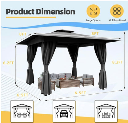 8'x8' Outdoor Gazebo for Patio, Heavy Duty Party Tent with Double Roofs, Outdoor Canopy with Curtains and Nettings for Deck, Lawn and Backyard, Grey