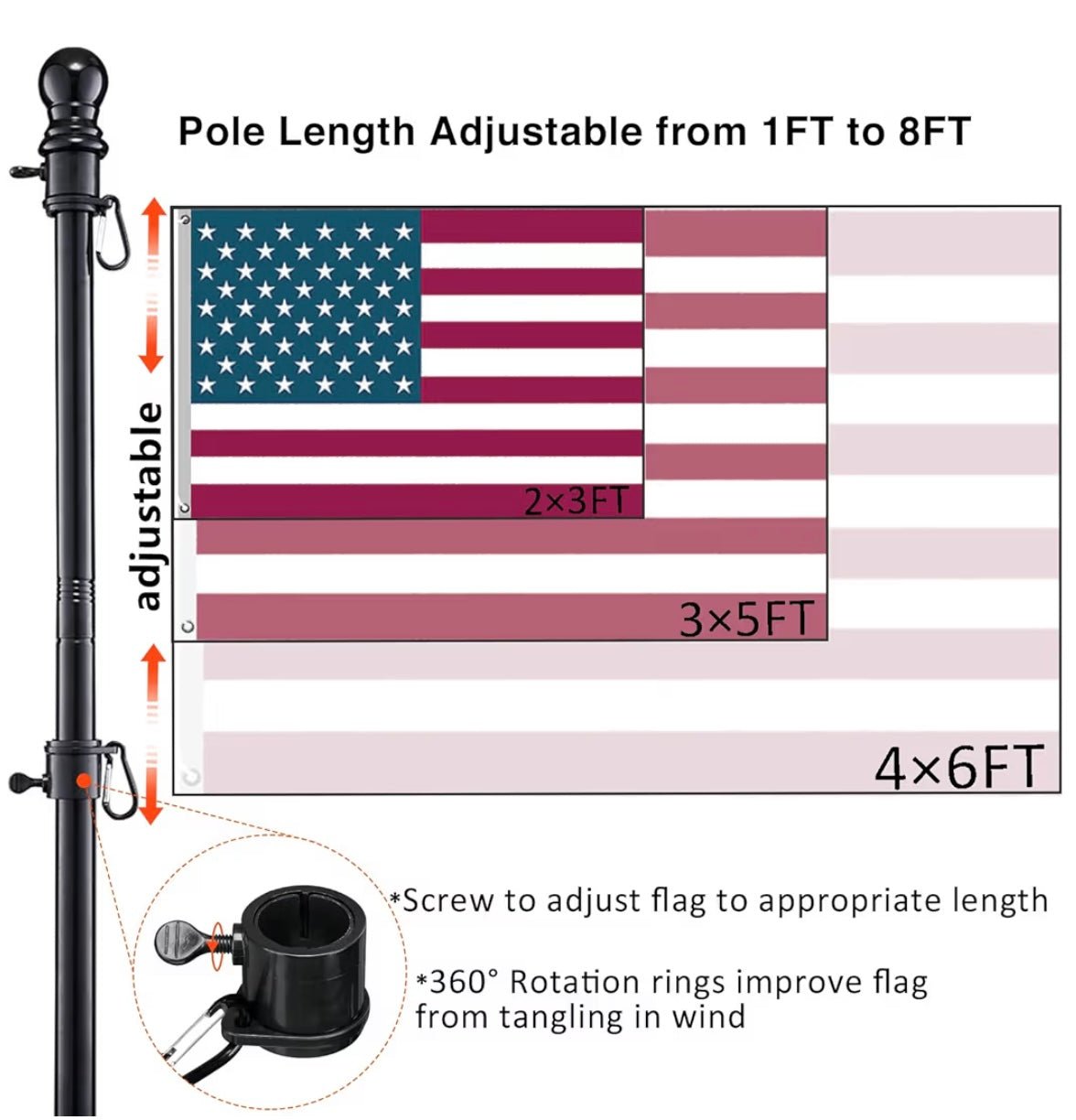 Black Flag Poles for Outside in Ground - 8FT Flag Pole for House with 2 Pronges Base - Stainless Steel Flag Pole Kit with 3x5FT American Flag for Yard Residential Commercial