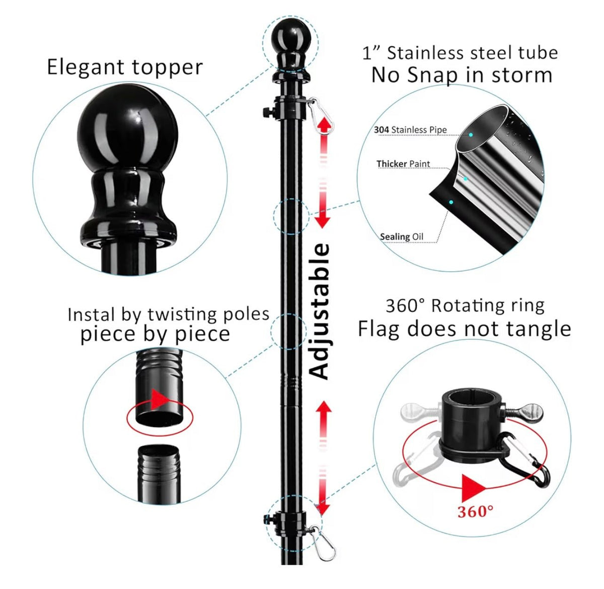 Black Flag Poles for Outside in Ground - 8FT Flag Pole for House with 2 Pronges Base - Stainless Steel Flag Pole Kit with 3x5FT American Flag for Yard Residential Commercial