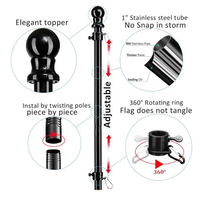 Black Flag Poles for Outside in Ground - 8FT Flag Pole for House with 2 Pronges Base - Stainless Steel Flag Pole Kit with 3x5FT American Flag for Yard Residential Commercial