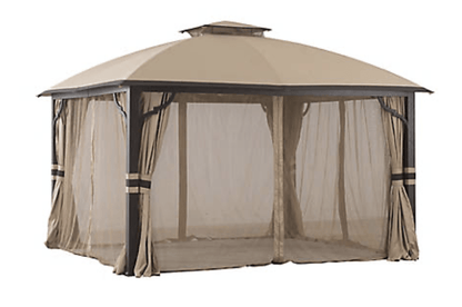 Brown and beige 12' x 10' Fabric Top Gazebo with screen and privacy curtain
