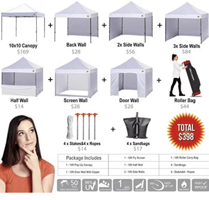 Canopy 10x10 Pop Up Canopies Commercial Tents Market stall with 6 Removable Sidewalls and Roller Bag Bonus 4 Weight Bags and 10ft Screen Netting and Half Wall, White